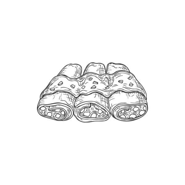 Shawarma Enchilados Street Food Isolated Burrito Monochrome Sketch Icon Vector — Vetor de Stock