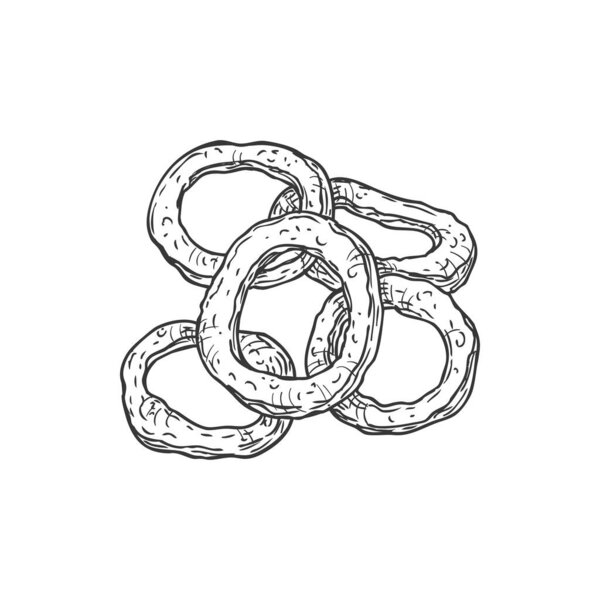 Fried crispy onion rings fastfood isolated monochrome sketch icon. Vector takeaway food, deep-fried battered fatty onions. Fried onion vegetable circles breaded in butter. Fastfood dish, street meal