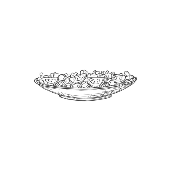 Plate Food Caesar Salad Snack Isolated Monochrome Sketch Icon Vector —  Vetores de Stock