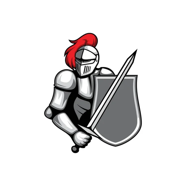 Mascot Medieval Knight Isolated Warrior Red Feathers Helmet Sword Shield — Stockvector