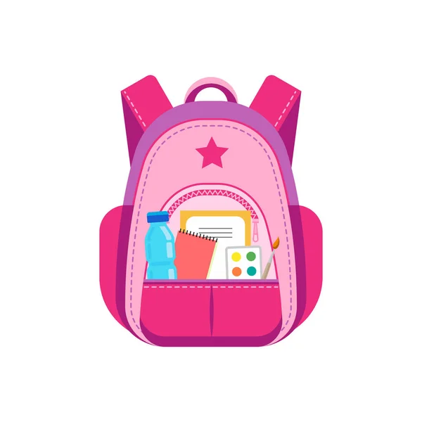 Pupil Schoolbag Stationery Pocket Isolated Backpack Vector Pink Bag Back — Vector de stock