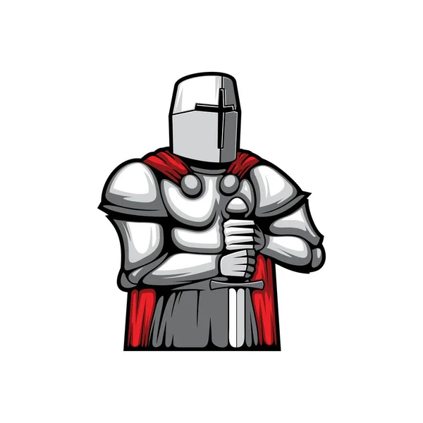 Templar Knight Metal Helmet Breastplate Sword Hands Isolated Icon Vector — Vetor de Stock