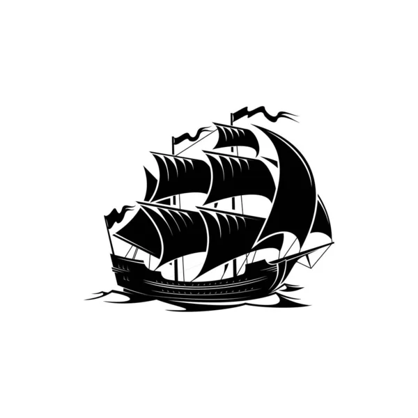 Sail Ship Vector Icon Pirate Boat Nautical Frigate Flags Wooden — Stock Vector