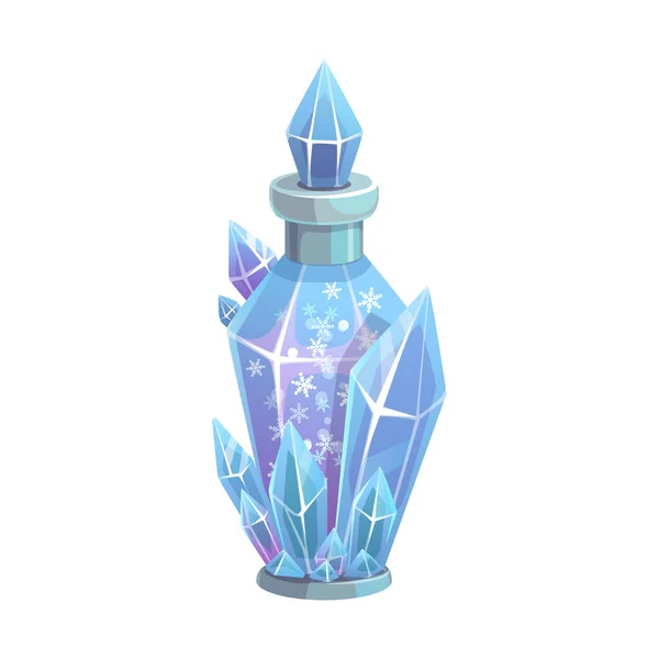 Potion Bottle Vector Icon Magic Elixir Glass Flask Snowflakes Crystals — Stockvektor