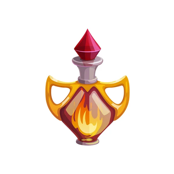 Potion Bottle Vector Icon Glass Flask Burning Fire Crystal Bung — Vector de stock