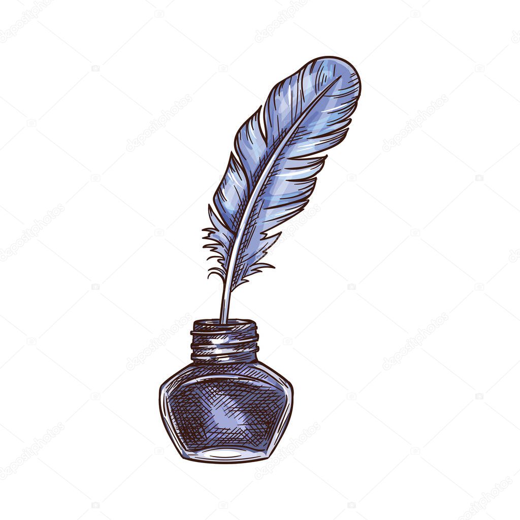 Feather quill and inkwell sketch icon. Vector isolated feather pen with inkstand, vintage literature writing supply