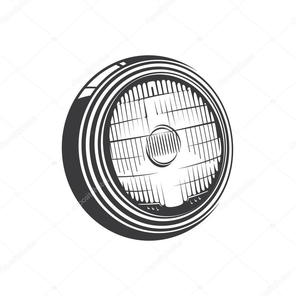 Headlight of car isolated monochrome icon. Vector automobile headlamp, lamp attached to front of vehicle to illuminate road ahead. Powerful light at front of or railroad engine, led lamp