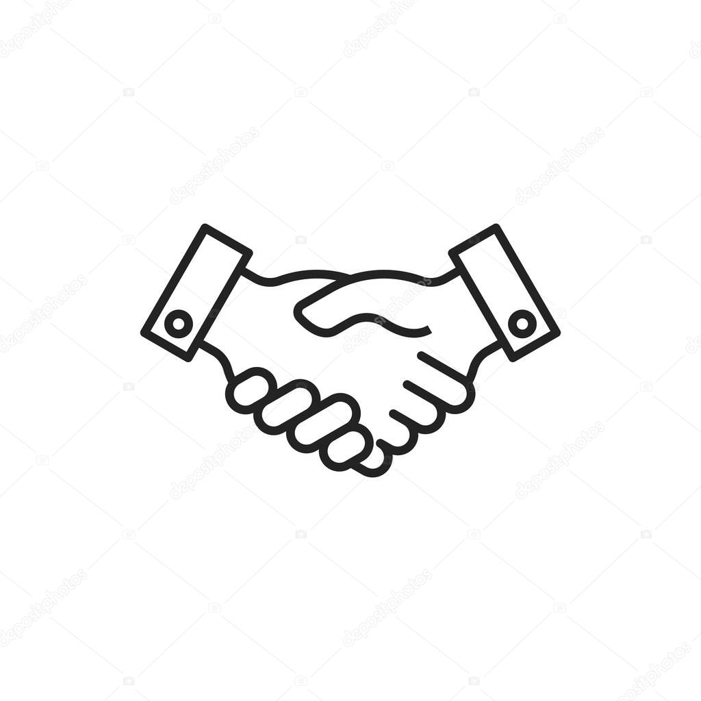 Handshake linear icon isolated agreement sign. Vector outline business partnership symbol, respect and friendship, cooperation and teamwork. Businessman relationships, partners shake hands