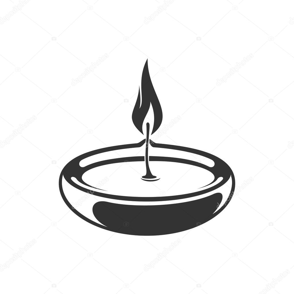 Diwali oil lamp isolated monochrome icon. Vector round burning candle, deepavali flame