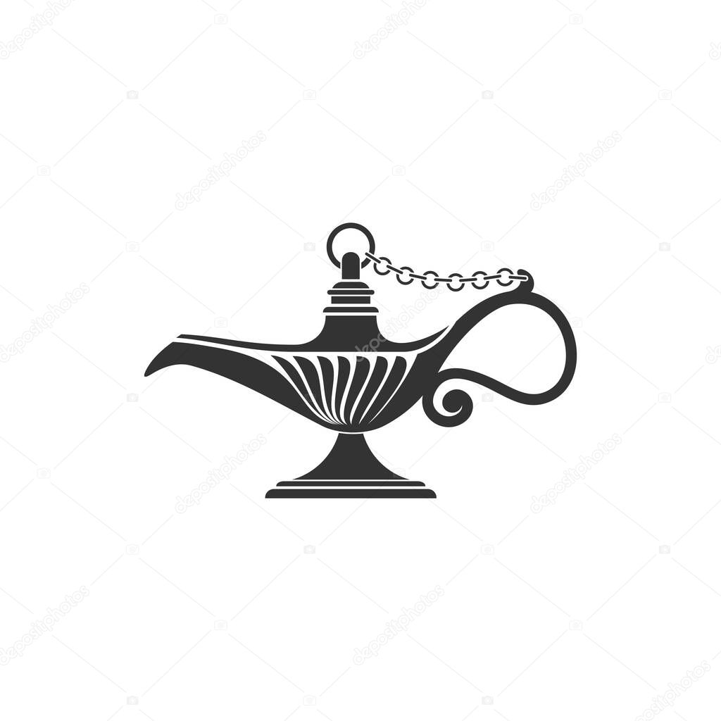 Aladdin or genie oil lamp isolated icon. Vector retro monochrome magic arabic lantern mesh