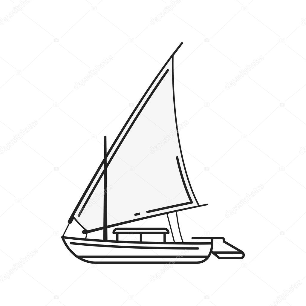Egyptian boat, Ancient Egypt felucca with sails, vector line icon. Ancient Egypt culture and history symbol of wooden felucca boat, Mediterranean sea sailing
