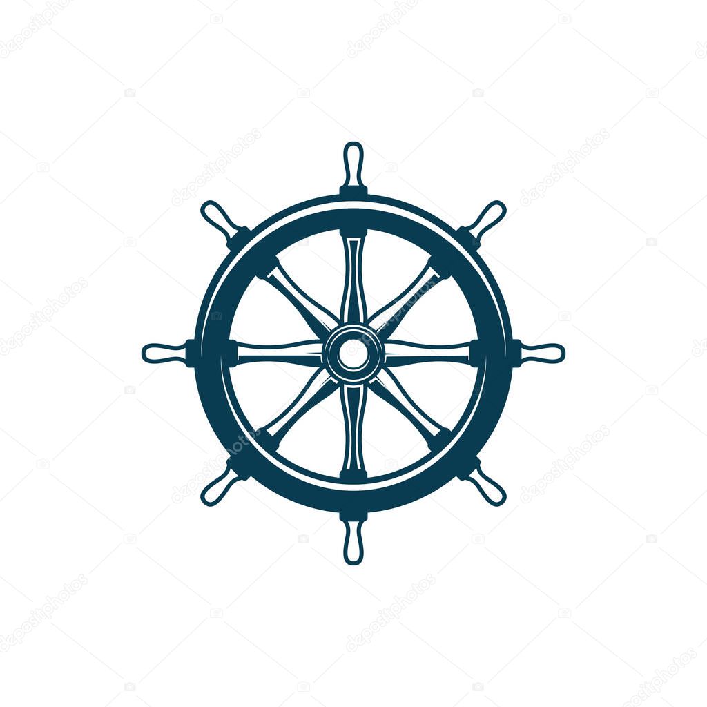 Boat control rudder isolated steering wheel monochrome icon. Vector steering ship wheel, marine navigation equipment. Seafarer handwheel or shipwheel with handles, vessel control object by captain