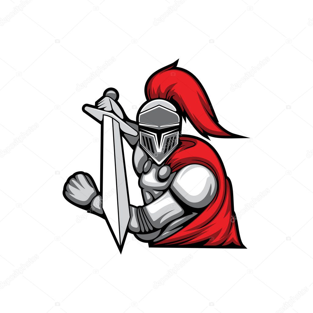 Knight in long cloak with red feathers in helmet, fighting soldier of 15 th century isolated. Vector templar in fight battle, retro hero. Medieval knight in armour metal protection, warrior with sword