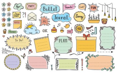 Bullet journal diary calendar color doodle frames and elements, vector stickers. Bullet journal doodle icons, number labels, notes and arrows, notebook day planner banners and reminder ribbons