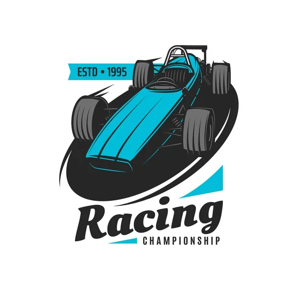 Retro racing car icon. Motorsport championship emblem, car race club competition vector sign, symbol or retro icon with formula one single-seat, open cockpit vintage racing car