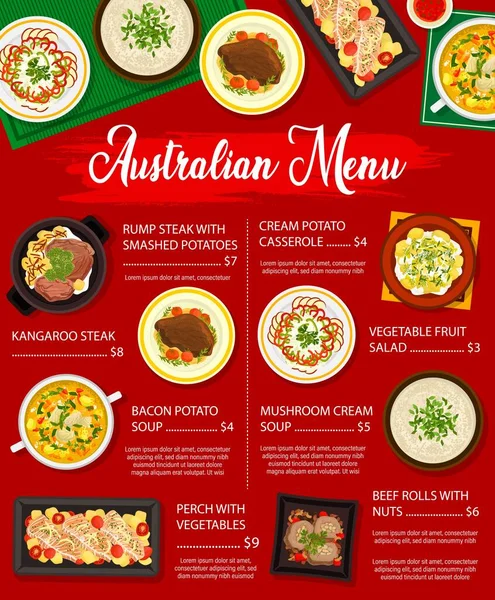Australian Cuisine Food Bbq Restaurant Menu Grilled Meat Fish Vegetable — Vetor de Stock