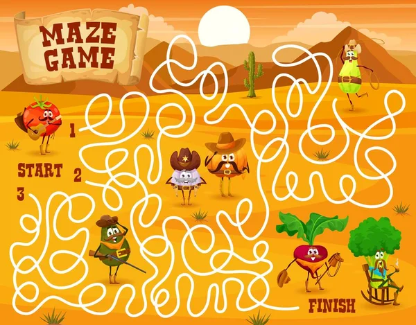 Labyrinth Maze Game Cartoon Vegetable Sheriff Cowboys Bandits Robbers Characters — Stockvector