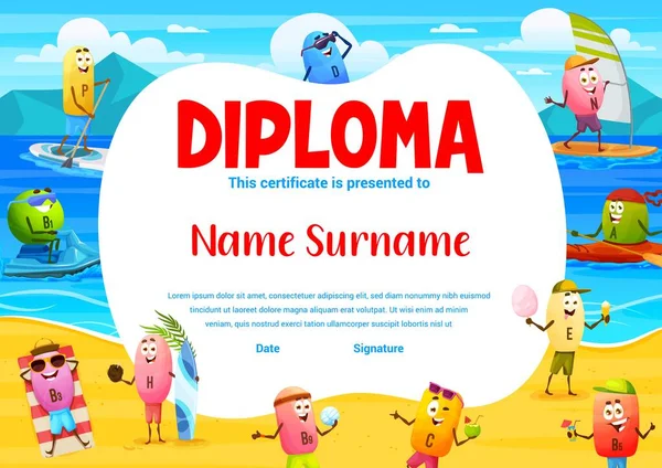 Kids Diploma Cartoon Vitamins Summer Beach Vacation Graduation Diploma Award — Vettoriale Stock