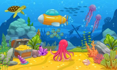 Underwater game landscape with submarine and sunken ship. Cartoon vector seascape background with treasure chest full of golden coins, octopus, turtle, jellyfish, corals and seaweed on sandy bottom