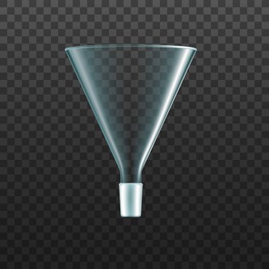 Glass funnel, isolated vector transparent laboratory glassware. Realistic clear chemical lab filter tube instrument. Scientific or medical detailed equipment for liquid filtration, 3d vector object