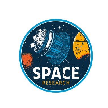 Space explorer in galaxy. Galaxy planets discovery and explore vector emblem or deep space research program retro badge. Space mission vintage round icon with artificial satellite, stars and planets