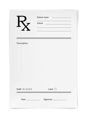 Medical prescription RX form, pharmacy and hospital paper sheet, vector template. RX prescription blank or doctor and pharmacist document for patient drugs and pills or medicine refill