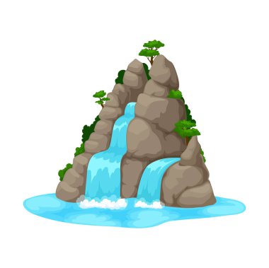 Cartoon waterfall or water cascade falling from mountain rocks with green trees. Vector nature landscape of gray stone cliff with flowing river streams, blue water cascades of waterfall with splashes