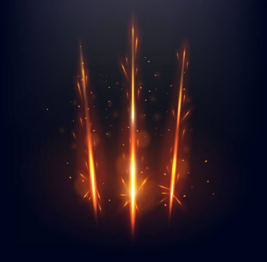 Fiery claw marks and scratches. Vector glowing traces of monster, predator nail trails with fire and sparks. Wild animal paws talon rips or sherds. Dragon or beast breaks, realistic 3d mark slashes