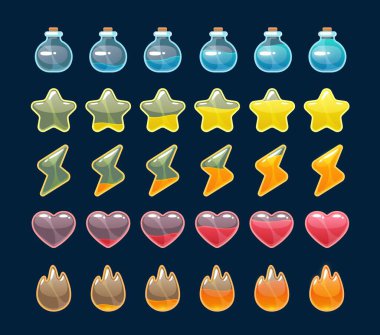 Power, health, magic strength and speed animation sprite, vector video game props. Cartoon animated heart, star, fire and potion drink or lightning icons, power energy or life health animation sprite