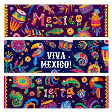 Viva Mexico, brazilian fiesta holiday banners. Vector mexican toucan and parrot birds, chameleon and gecko lizards, Brazil flowers, plants, drums and turtles with Dia de los Muertos sugar skulls