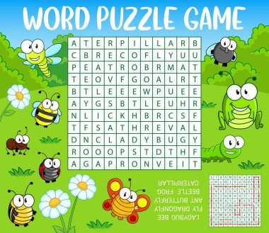 Cartoon insects on green meadow. Word search puzzle game worksheet. Kids quiz grid, vocabulary riddle or quiz with ladybug, bee and fly, dragonfly, beetle and frog, caterpillar, ant and butterfly