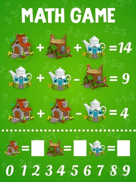 Math Game Worksheet Cartoon Elf Gnome House Buildings Puzzle Quiz — Stockvector