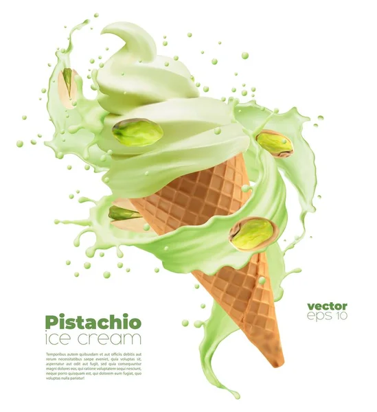 Realistic Isolated Pistachio Ice Cream Cone Splash Nuts Vector Soft — Image vectorielle