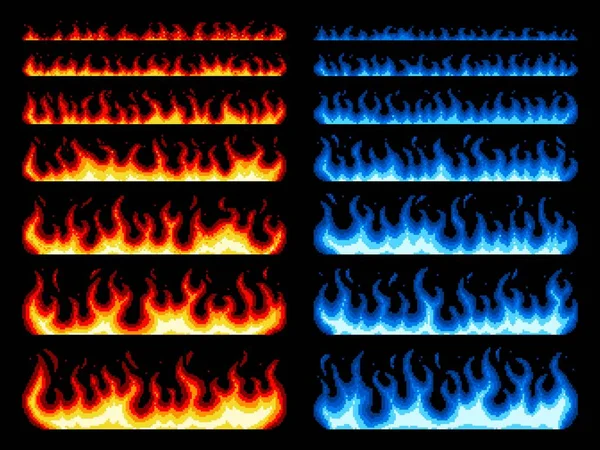 Pixel Art Fire Game Animation Blue Red Flames Vector Bit — Wektor stockowy