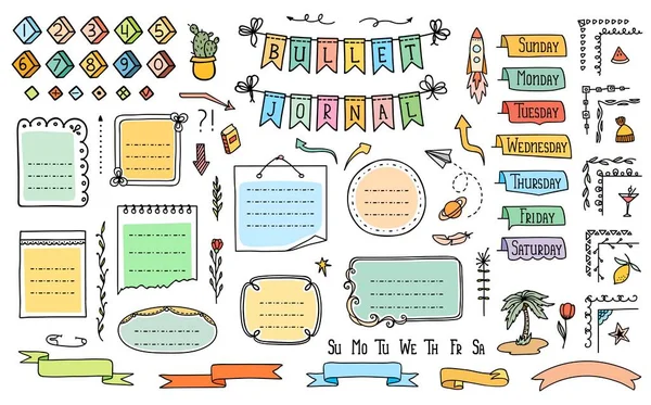 Bullet Journal Color Doodle Diary Calendar Notebook Frames Stickers Banners — 图库矢量图片