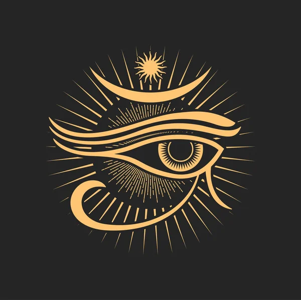 Occult esoteric symbol egyptian Horus all-seeing eye, sun with radiant rays. Vector spiritual magic emblem, isolated alchemy, wicca or pagan sign