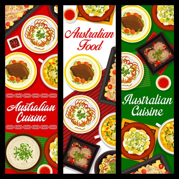 Australian Food Vector Dishes Bbq Meat Fish Vegetable Meal Banners — Vetor de Stock