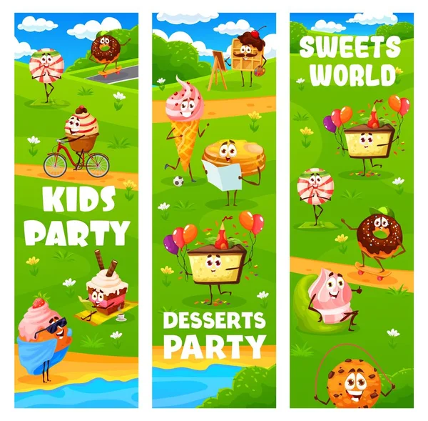 Kids Party Cartoon Desserts Sweets Cake Characters Meadow Candy Cupcake — Archivo Imágenes Vectoriales