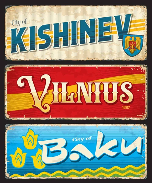 Kishinev Vilnius Baku City Travel Stickers Plates Moldova Lithuania Azerbaijan — Vettoriale Stock