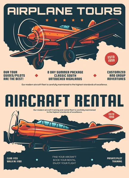 Aircraft rental and airplane tours retro posters. Airplane travel and tourist aviation flight tours vector banners. Pilot training club or school flyer with vintage propeller plane flying in clouds