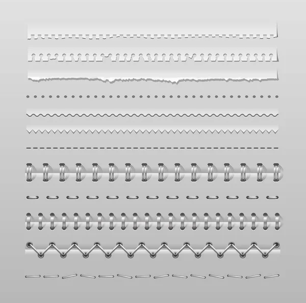 Paper Cut Binder Perforation Stitch Dividers Vector Realistic Notebook Metal — Vettoriale Stock