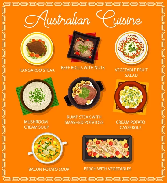 Australian Cuisine Restaurant Menu Vector Bbq Meat Fish Vegetable Food — Vettoriale Stock