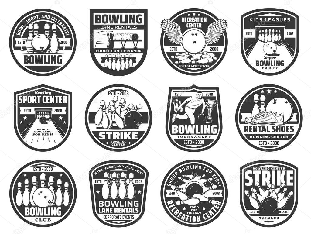 Bowling club ball icons, team strike pin game, vector tournament competition, league badges. Ninepin bowling sport game emblems of ball with wings and champion cup, lane rentals entertainment center
