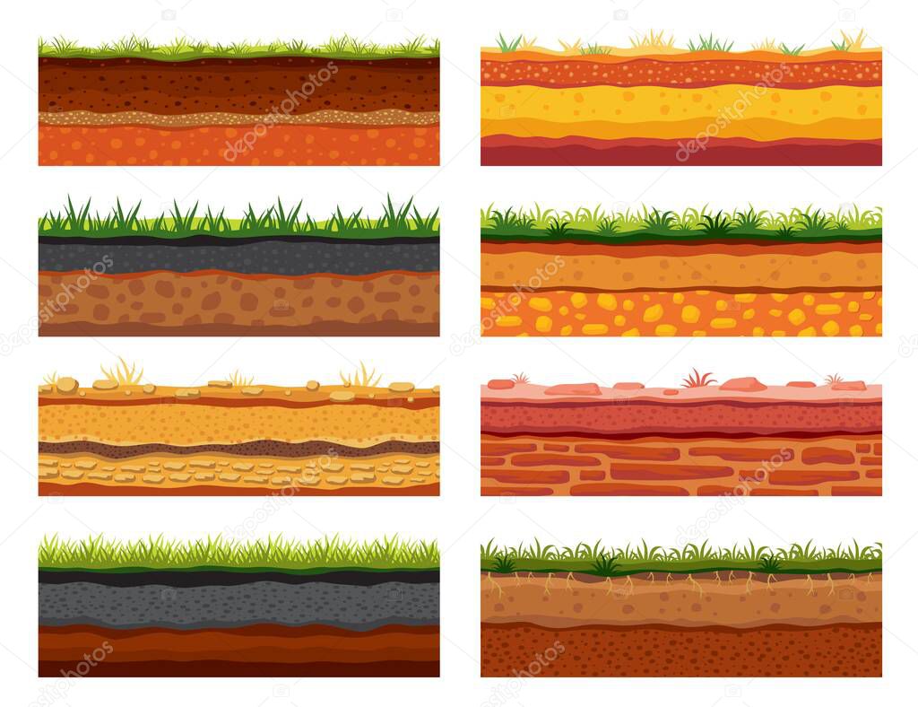 Soil ground layer, game level surface cartoon backgrounds. Game soil textures, surface underground layers structure with stones, clay and sand. Soil patterns with grass background, vector game asset