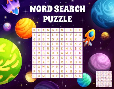 Space planets, shuttles and rockets word search puzzle game worksheet. Guess a color vector kids quiz grid. Crossword brainteaser for children with cartoon spacecraft, find english words task