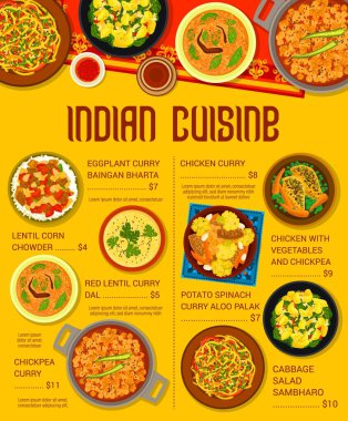 Indian cuisine meals menu page template. Chickpea, chicken and Aloo Palak curry, Cabbage salad Sambharo, corn chowder and chicken with vegetables and chickpea, Dal and eggplant Baingan Bharta curry