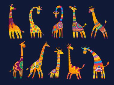 Cartoon african giraffes, cute animal characters with african ornament, vector. African safari or kids funny zoo giraffes with ethnic folk pattern, happy comic giraffes with long neck