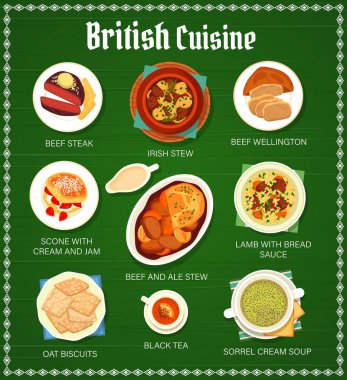 British cuisine restaurant vector menu with English food, meat and vegetable dishes, dessert and black tea. Beef Wellington and steak, Irish stew, scones, biscuits, beef ale stew and sorrel soup