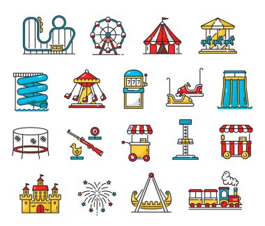 Amusement park, playground and funfair color outline icons with carousel, rollercoaster and roundabout. Amusement park, fair attractions line vector icons with kart, water slide and slot machine