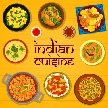 Indian cuisine menu cover design template. Chickpea, red lentil Dal and potato spinach Aloo Palak curry, corn chowder, cabbage salad Sambharo and chicken with vegetables, eggplant curry Baingan Bharta